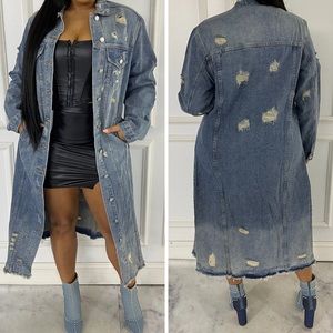 Ripped Raw Hem Button Front Longline Denim Coat (Plus Size)